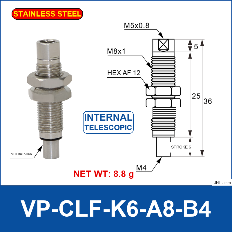 VP-CLF-K6-A8-B4 – Anti-Rotation, 6 mm Stroke, stainless steel telescopic vacuum buffer fitting, M8×1 / M4 threads, with technical dimensions