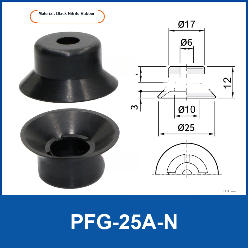 PFG-25A-N (Cross Pattern) Black Nitrile Rubber flat vacuum suction cup with technical dimensions