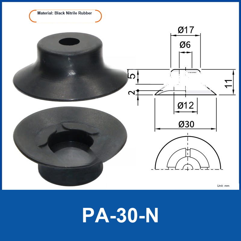PA-30-N (Cross Pattern) Black Nitrile Rubber flat vacuum suction cup with technical dimensions