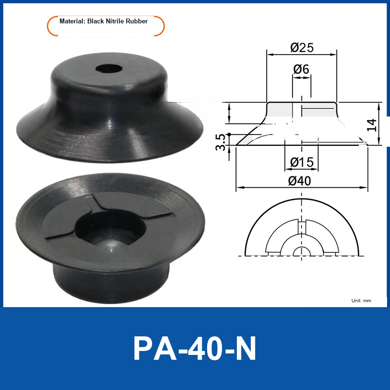 PA-40-N (Cross Pattern) Black Nitrile Rubber flat vacuum suction cup with technical dimensions