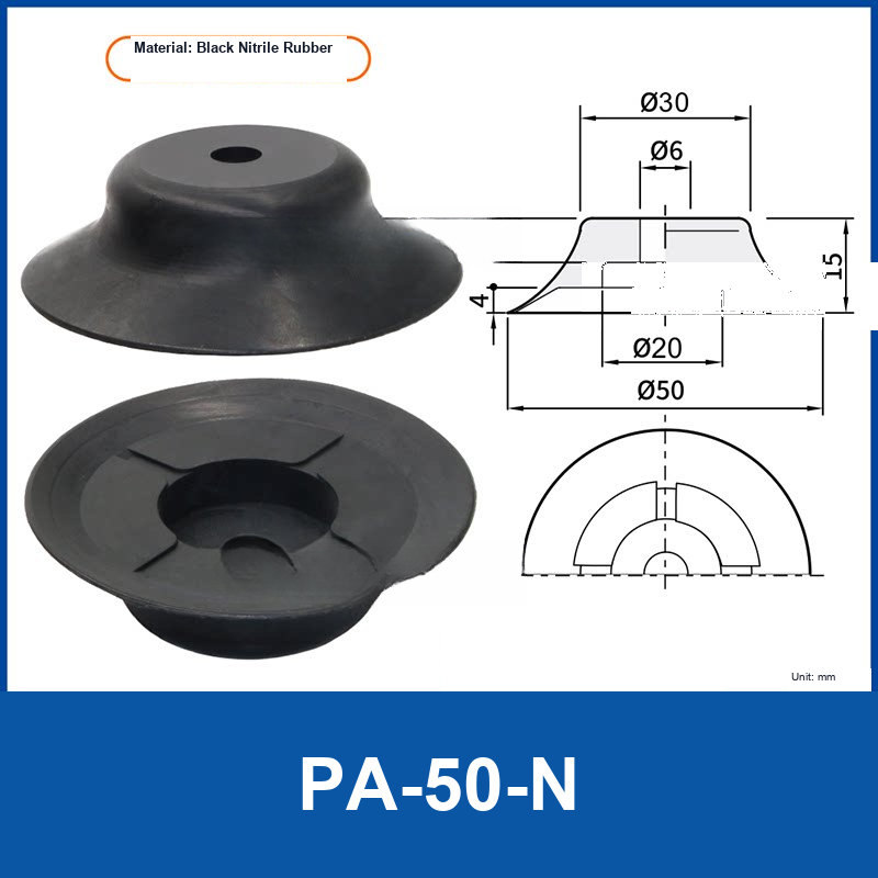 PA-50-N (Cross Pattern) Black Nitrile Rubber flat vacuum suction cup with technical dimensions