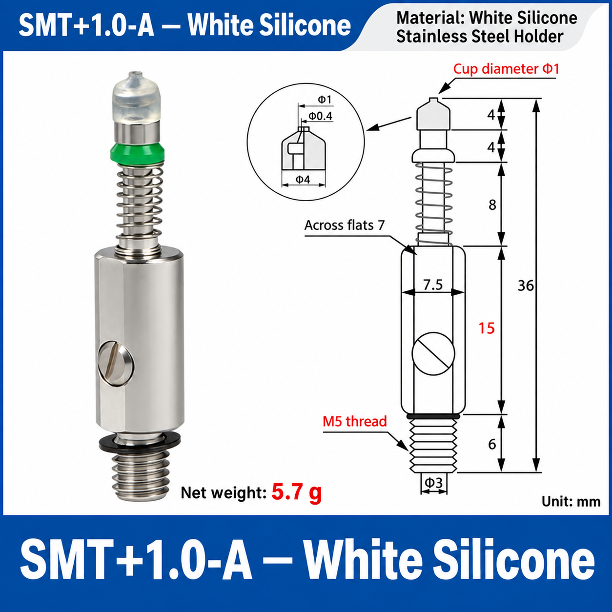 SMT+1.0-A — White Silicone: real product photo and dimensions in millimeters