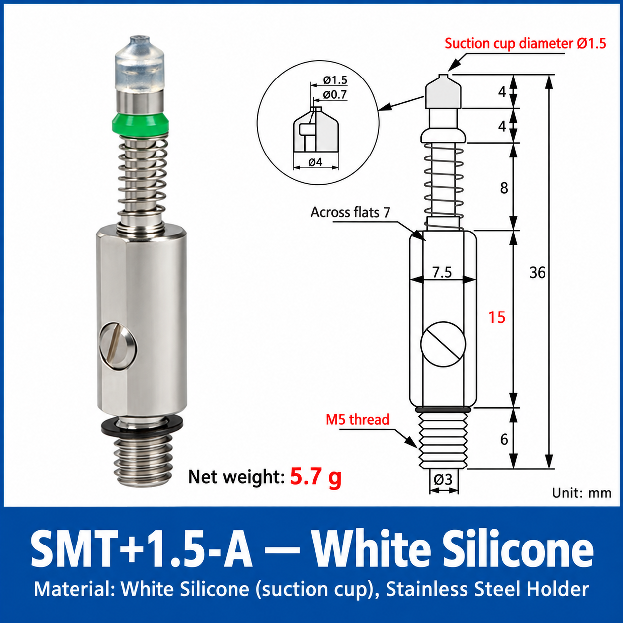 SMT+1.5-A — White Silicone: real product photo and dimensions in millimeters