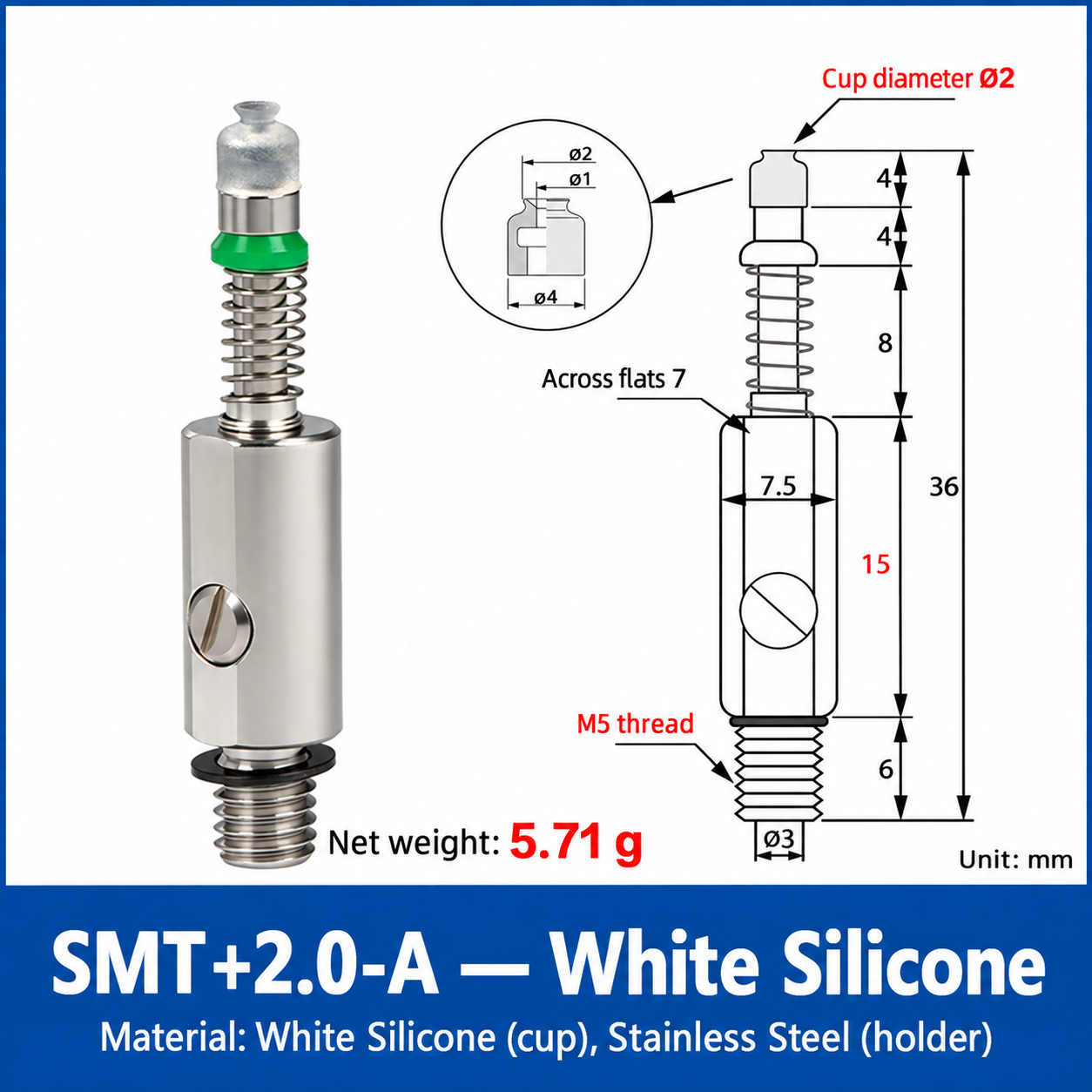 SMT+2.0-A — White Silicone: real product photo and dimensions in millimeters