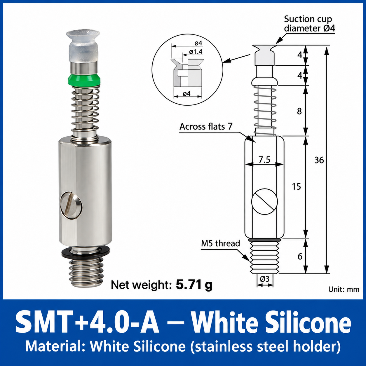 SMT+4.0-A — White Silicone: real product photo and dimensions in millimeters