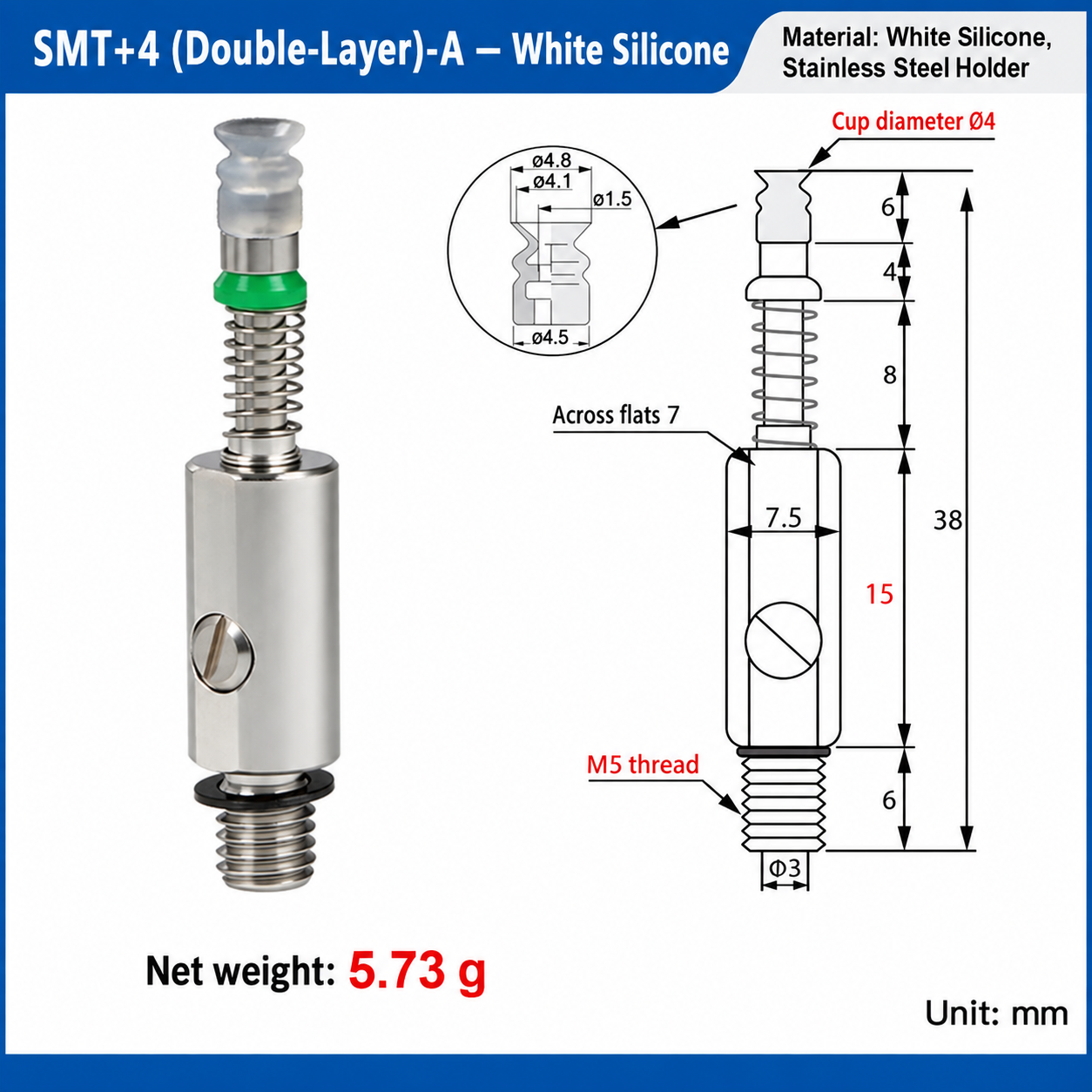 SMT+4 (Double-Layer)-A — White Silicone: real product photo and dimensions in millimeters