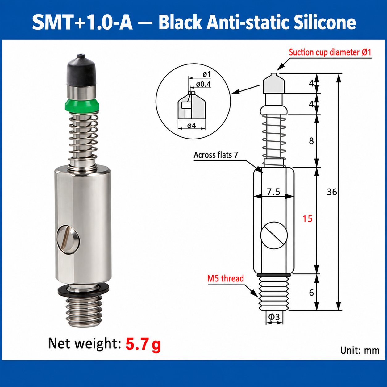 SMT+1.0-A — Black Anti-static Silicone: real product photo and dimensions in millimeters
