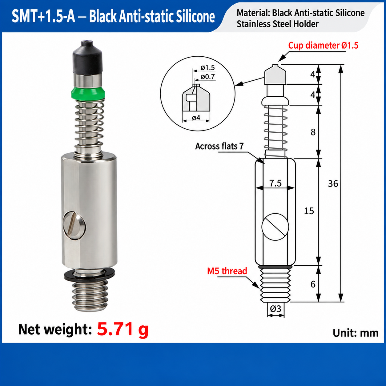 SMT+1.5-A — Black Anti-static Silicone: real product photo and dimensions in millimeters