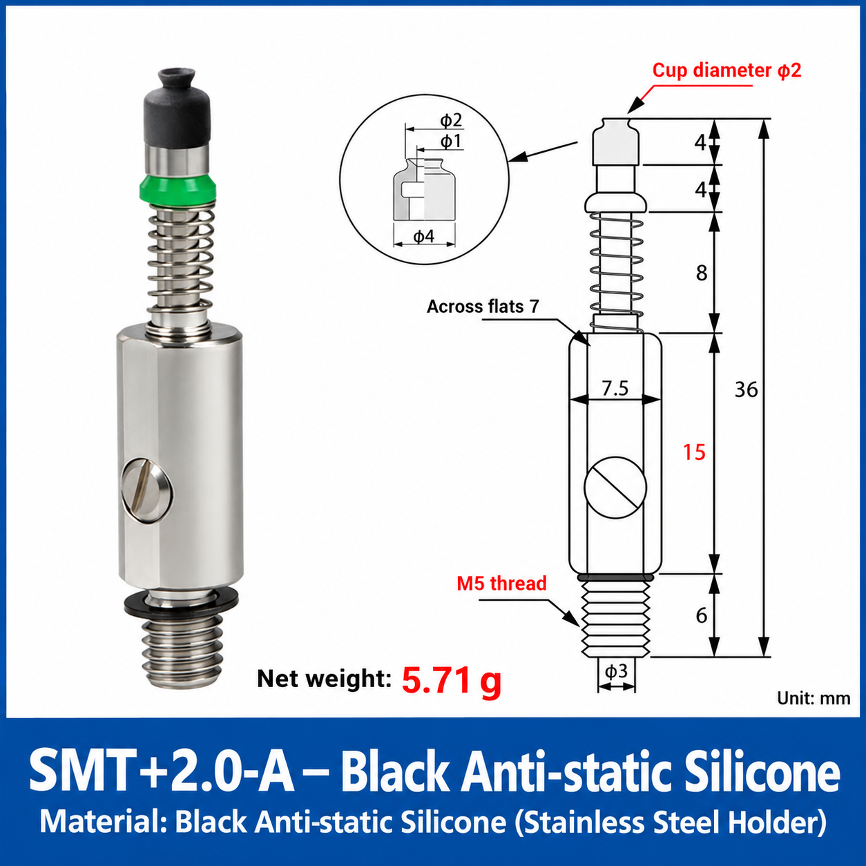 SMT+2.0-A — Black Anti-static Silicone: real product photo and dimensions in millimeters
