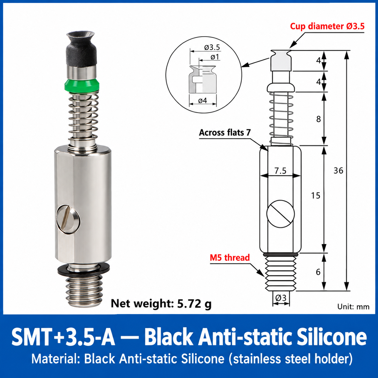 SMT+3.5-A — Black Anti-static Silicone: real product photo and dimensions in millimeters