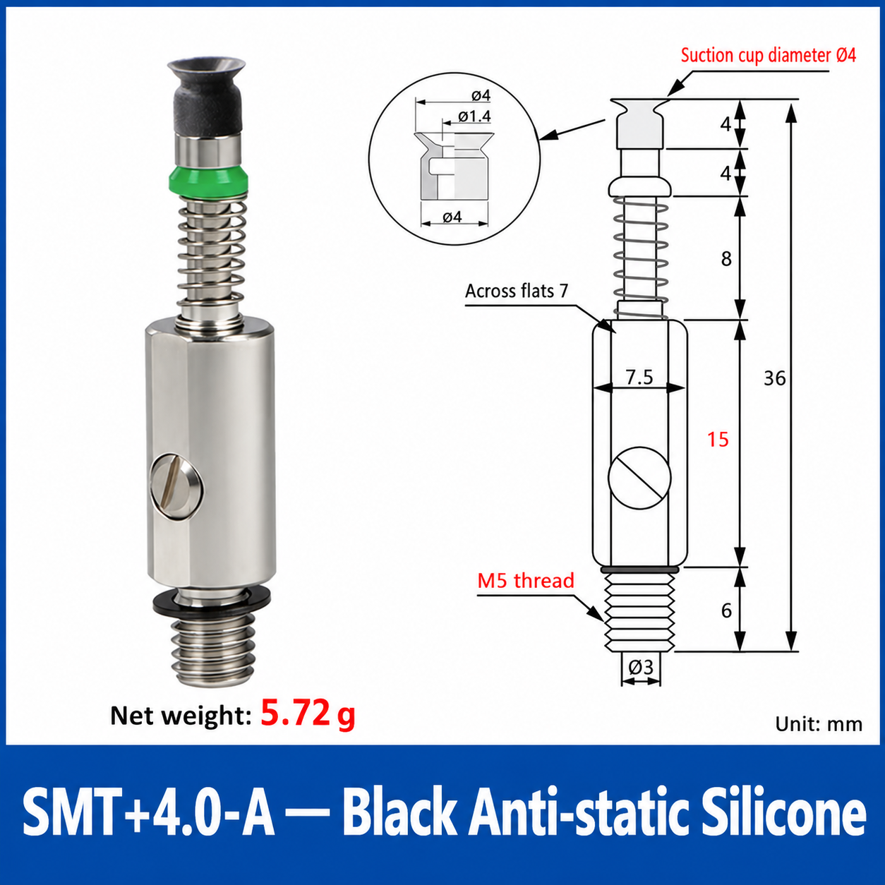 SMT+4.0-A — Black Anti-static Silicone: real product photo and dimensions in millimeters