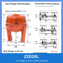 Z2D20L Two-Finger 0-20 mm pneumatic silicone soft gripper with dimensions