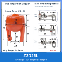 Z2D25L Two-Finger 0-25 mm pneumatic silicone soft gripper with dimensions