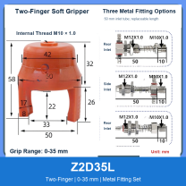 Z2D35L Two-Finger 0-35 mm pneumatic silicone soft gripper with dimensions