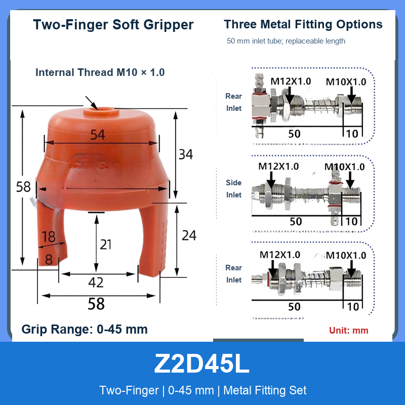 Z2D45L Two-Finger 0-45 mm pneumatic silicone soft gripper with dimensions