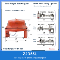 Z2D55L Two-Finger 10-54 mm pneumatic silicone soft gripper with dimensions