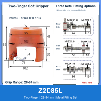 Z2D85L Two-Finger 28-84 mm pneumatic silicone soft gripper with dimensions