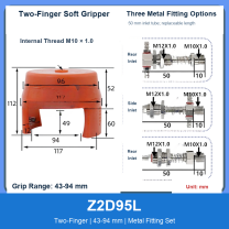 Z2D95L Two-Finger 43-94 mm pneumatic silicone soft gripper with dimensions