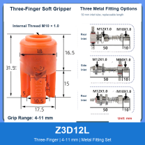Z3D12L Three-Finger 4-11 mm pneumatic silicone soft gripper with dimensions