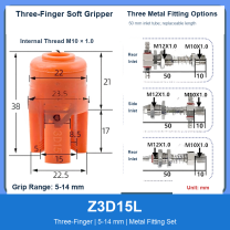 Z3D15L Three-Finger 5-14 mm pneumatic silicone soft gripper with dimensions