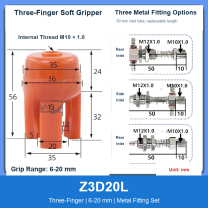 Z3D20L Three-Finger 6-20 mm pneumatic silicone soft gripper with dimensions