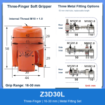 Z3D30L Three-Finger 16-30 mm pneumatic silicone soft gripper with dimensions