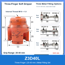 Z3D40L Three-Finger 20-40 mm pneumatic silicone soft gripper with dimensions