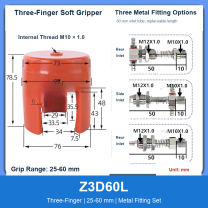 Z3D60L Three-Finger 25-60 mm pneumatic silicone soft gripper with dimensions