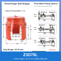 Z3D70L Three-Finger 35-70 mm pneumatic silicone soft gripper with dimensions
