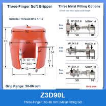 Z3D90L Three-Finger 50-86 mm pneumatic silicone soft gripper with dimensions