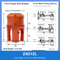Z4D12L Four-Finger 5-12 mm pneumatic silicone soft gripper with dimensions