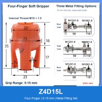 Z4D15L Four-Finger 5-15 mm pneumatic silicone soft gripper with dimensions