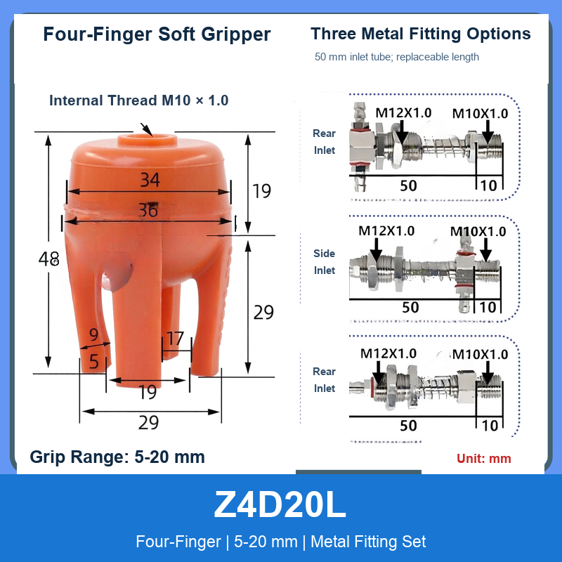 Z4D20L Four-Finger 5-20 mm pneumatic silicone soft gripper with dimensions