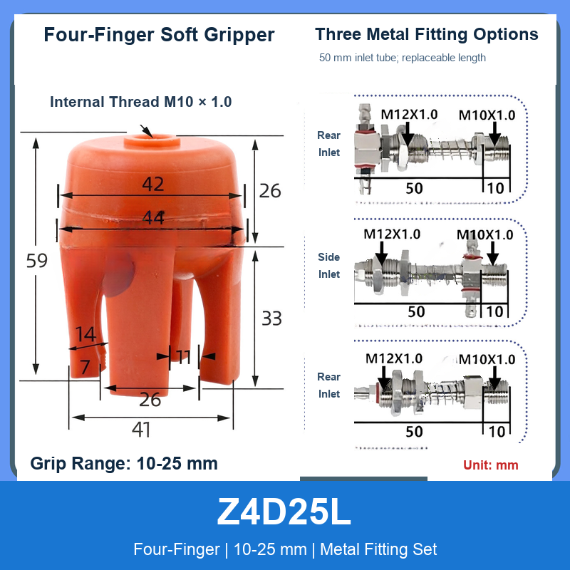 Z4D25L Four-Finger 10-25 mm pneumatic silicone soft gripper with dimensions