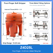 Z4D25L Four-Finger 10-25 mm pneumatic silicone soft gripper with dimensions