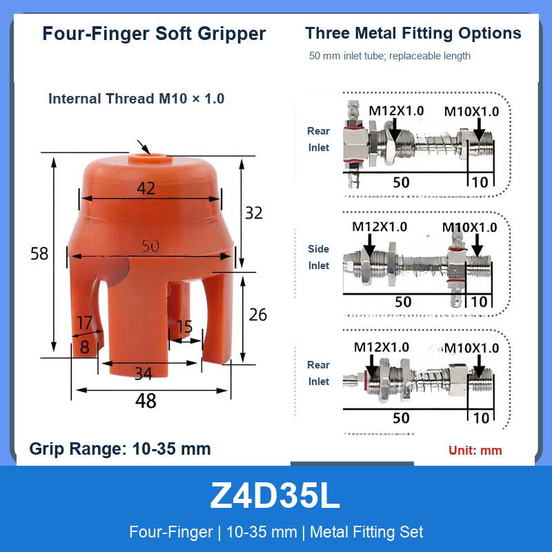 Z4D35L Four-Finger 10-35 mm pneumatic silicone soft gripper with dimensions