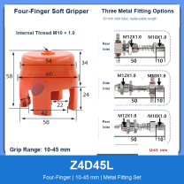 Z4D45L Four-Finger 10-45 mm pneumatic silicone soft gripper with dimensions
