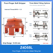 Z4D55L Four-Finger 10-55 mm pneumatic silicone soft gripper with dimensions