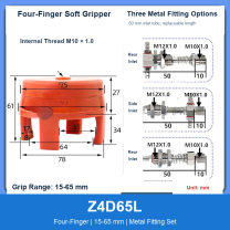 Z4D65L Four-Finger 15-65 mm pneumatic silicone soft gripper with dimensions