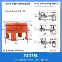 Z4D75L Four-Finger 20-75 mm pneumatic silicone soft gripper with dimensions
