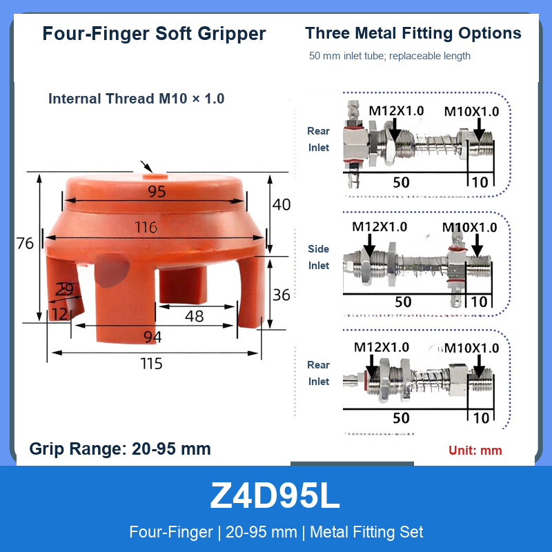 Z4D95L Four-Finger 20-95 mm pneumatic silicone soft gripper with dimensions