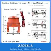 Z2D35LS Two-Finger Sensor 0-34 mm pneumatic silicone soft gripper with dimensions