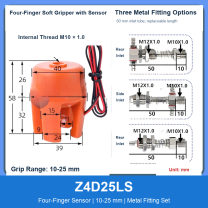 Z4D25LS Four-Finger Sensor 10-25 mm pneumatic silicone soft gripper with dimensions