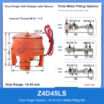 Z4D45LS Four-Finger Sensor 10-45 mm pneumatic silicone soft gripper with dimensions