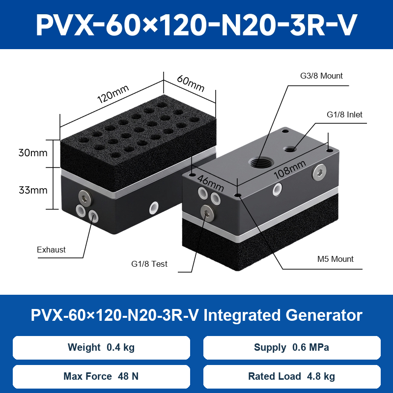 PVX-60×120-N20-3R-V Integrated Generator vacuum foam gripper product image