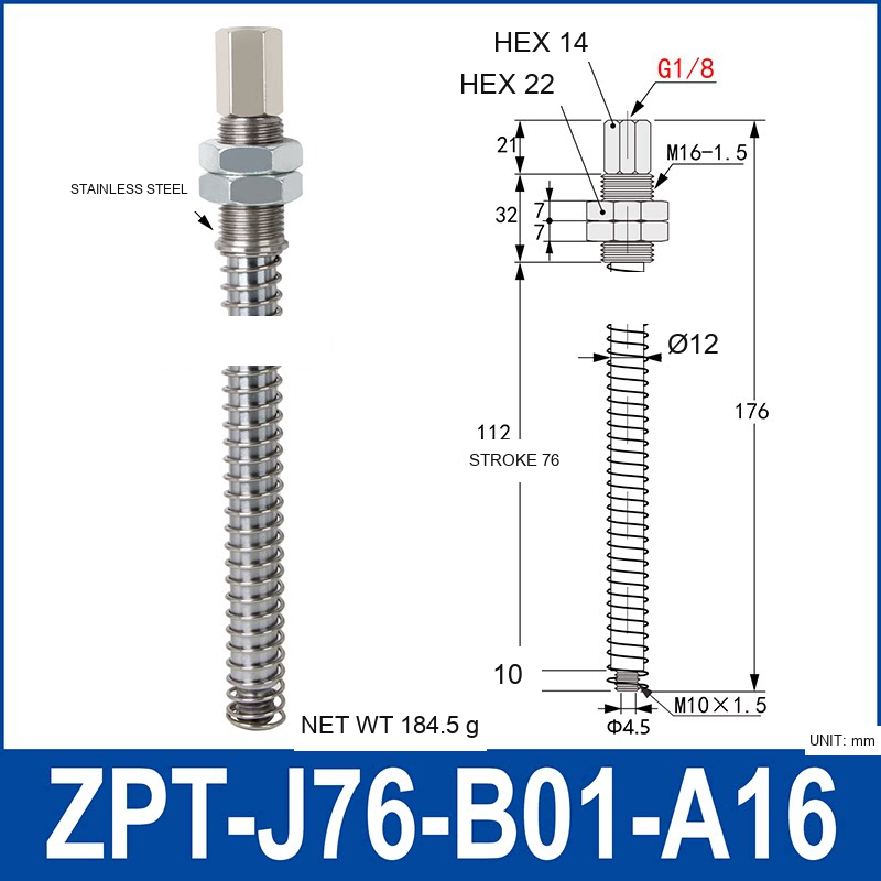 ZPT-J76-B01-A16 industrial vacuum cup buffer mount or adapter with dimensional reference