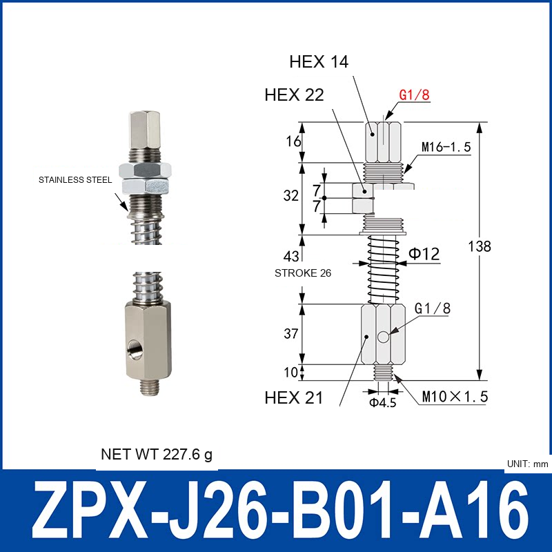 ZPX-J26-B01-A16 industrial vacuum cup buffer mount or adapter with dimensional reference