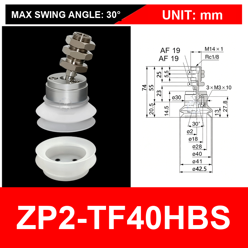 ZP2-TF40HBS double-bellows white silicone cup with fitting, 40 mm, White Silicone, 30 degree swivel, with technical dimensions