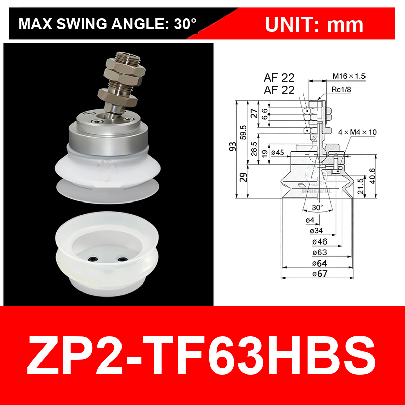 ZP2-TF63HBS double-bellows white silicone cup with fitting, 63 mm, White Silicone, 30 degree swivel, with technical dimensions
