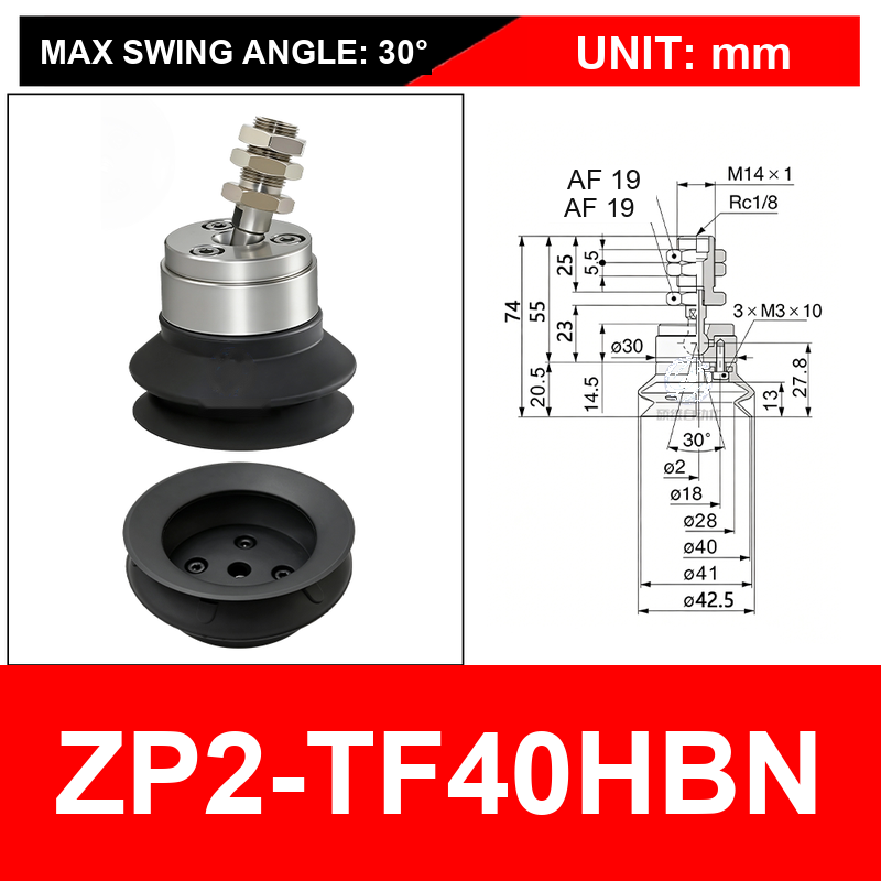 ZP2-TF40HBN double-bellows black nitrile cup with fitting, 40 mm, Black Nitrile Rubber, 30 degree swivel, with technical dimensions